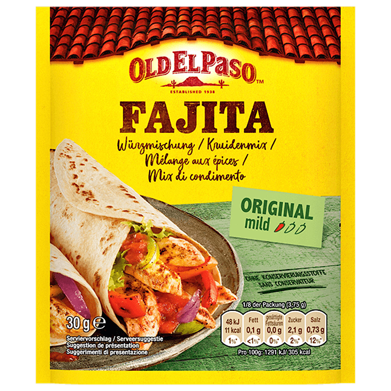 eine Packung Old El Paso Original Mild Fajita Gewürzmischung, 30 g